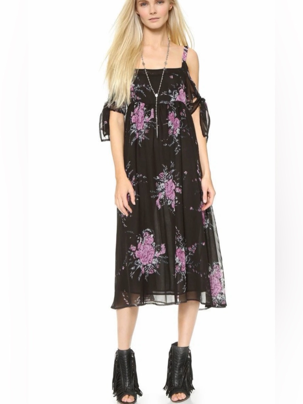 NEW Free People Tied To You Midi Dress XS Black Midnight Floral‎ Empire Waist